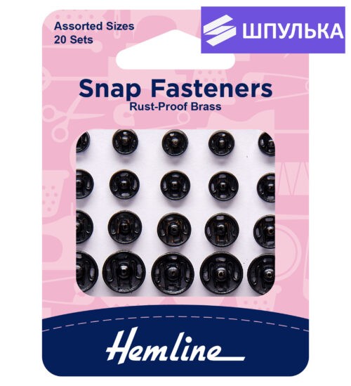 Пришивные кнопки Hemline H421.99 6 мм, 7 мм, 9 мм, 11 мм, черный, 20 шт.